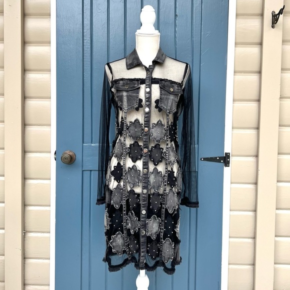Adore Denim Floral Patchwork Sheer Duster Women Size Small - Picture 1 of 10